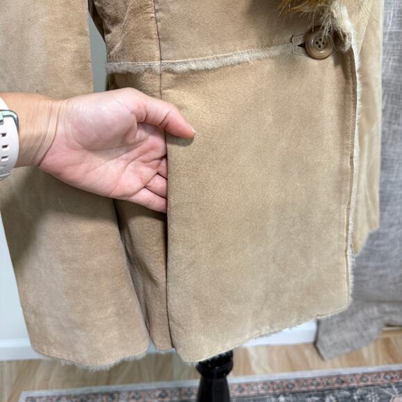 VTG Guess Womens Leather Coat Jacket Faux Fur Collar M Tan Y2K Indie Grunge 70s - Picture 11 of 16